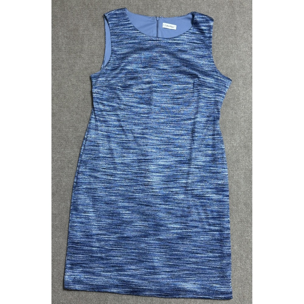 Calvin Klein Dress Womens Medium Blue Sleeveless Sheath Metallic Textured Poly